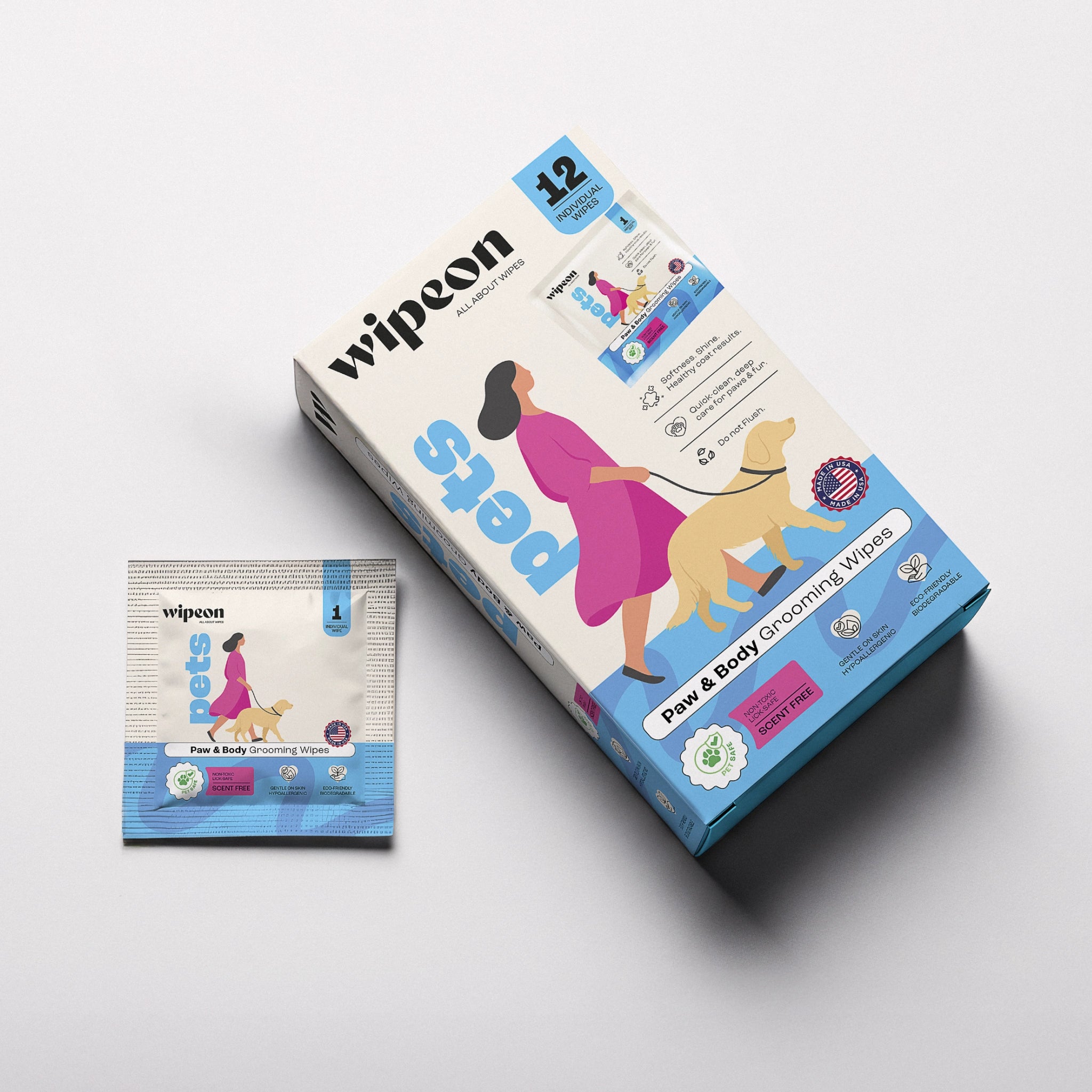 Wipeon Dog Paw & Body Wipes – Pet Grooming Wipes, 12 Individually Wrapped