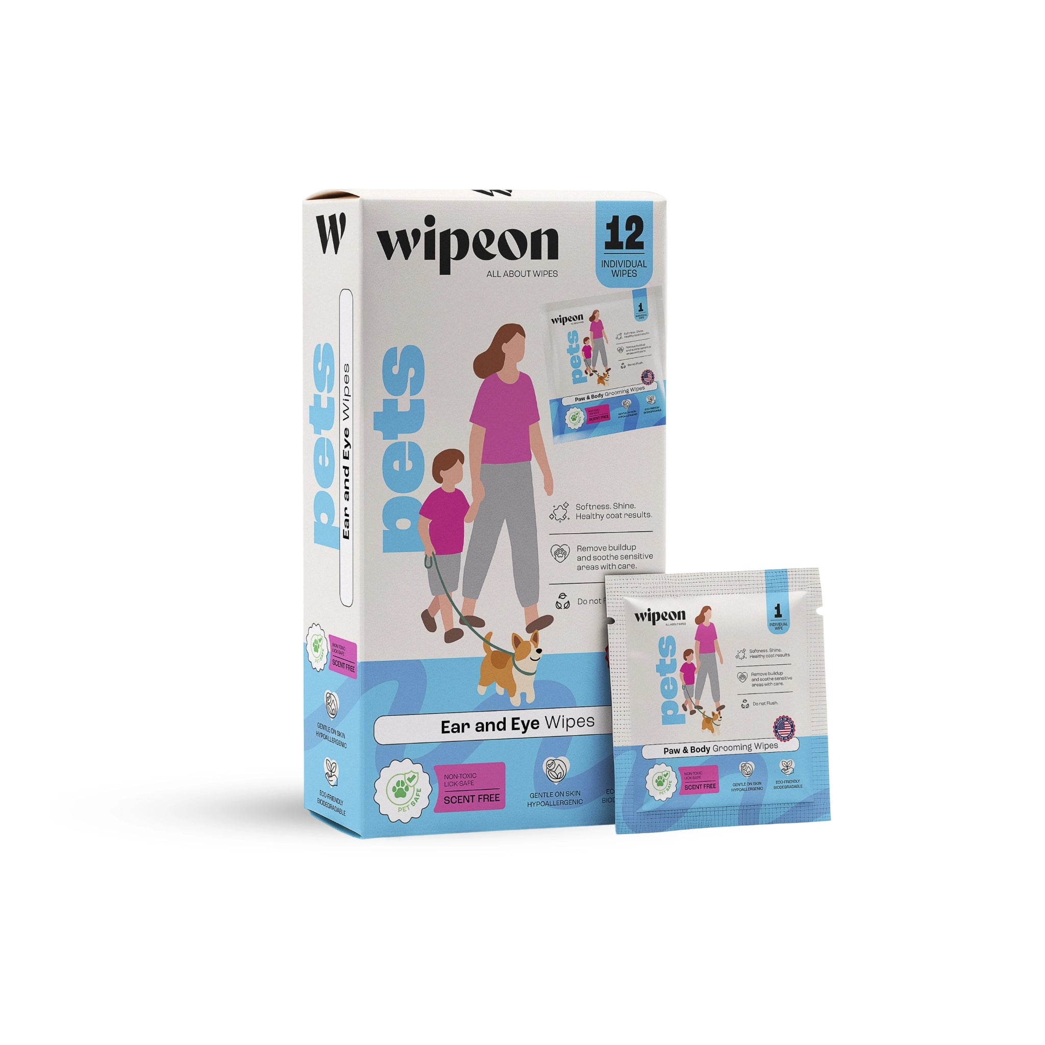 Wipeon Pet Ear & Eye Wipes – Gentle for Dogs & Cats, 12 Individually Wrapped