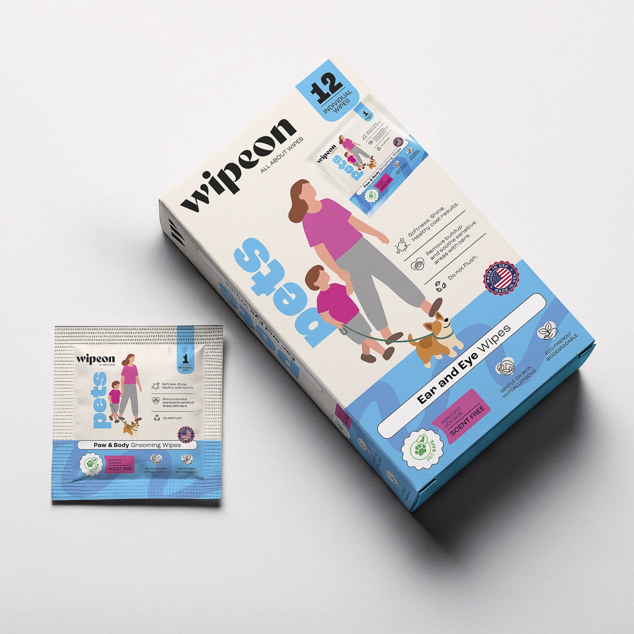 Wipeon Pet Ear & Eye Wipes – Gentle for Dogs & Cats, 12 Individually Wrapped