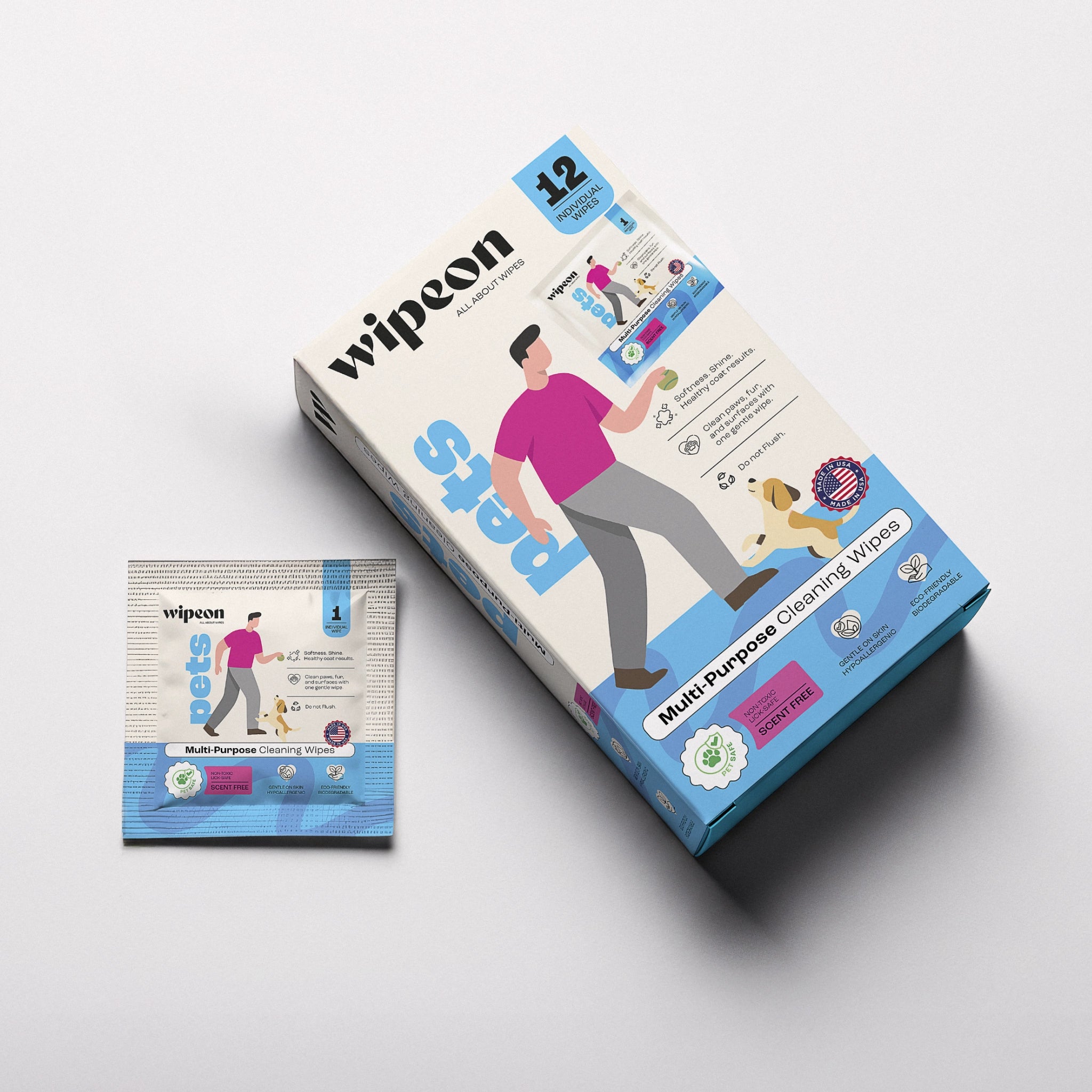 Wipeon Multi-Purpose Pet Wipes – All-in-One Cleaning, 12 Individually Wrapped
