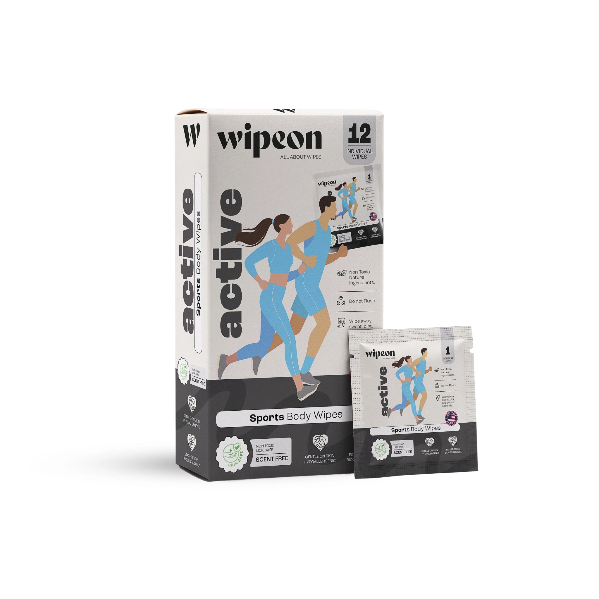 Wipeon Active Body Wipes – No-Rinse Post-Workout Clean, 12 Individually Wrapped