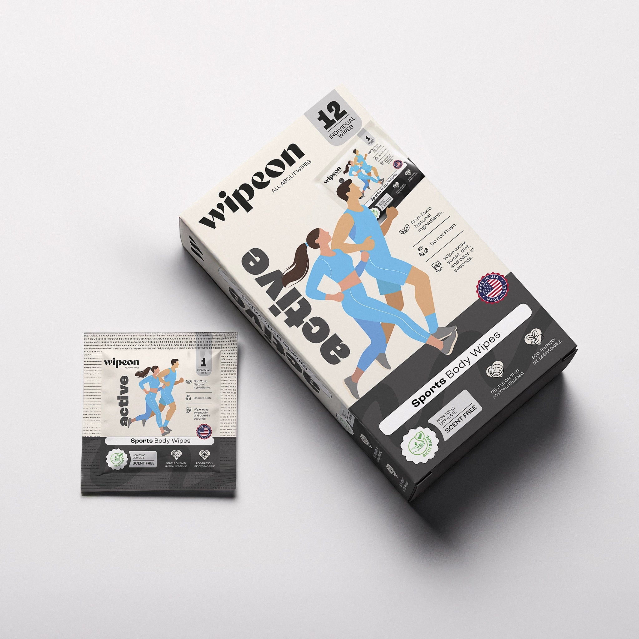 Wipeon Active Body Wipes – No-Rinse Post-Workout Clean, 12 Individually Wrapped