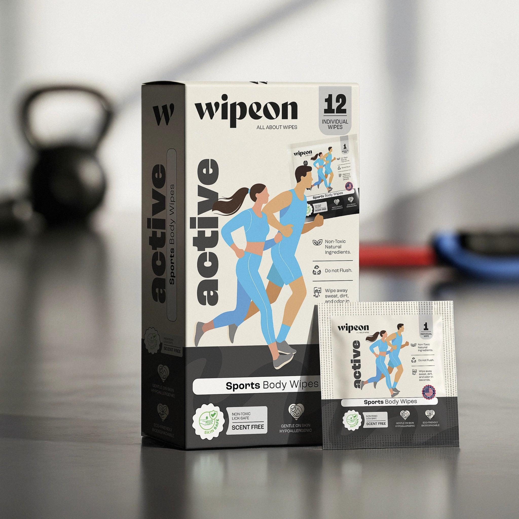Wipeon Active Body Wipes – No-Rinse Post-Workout Clean, 12 Individually Wrapped