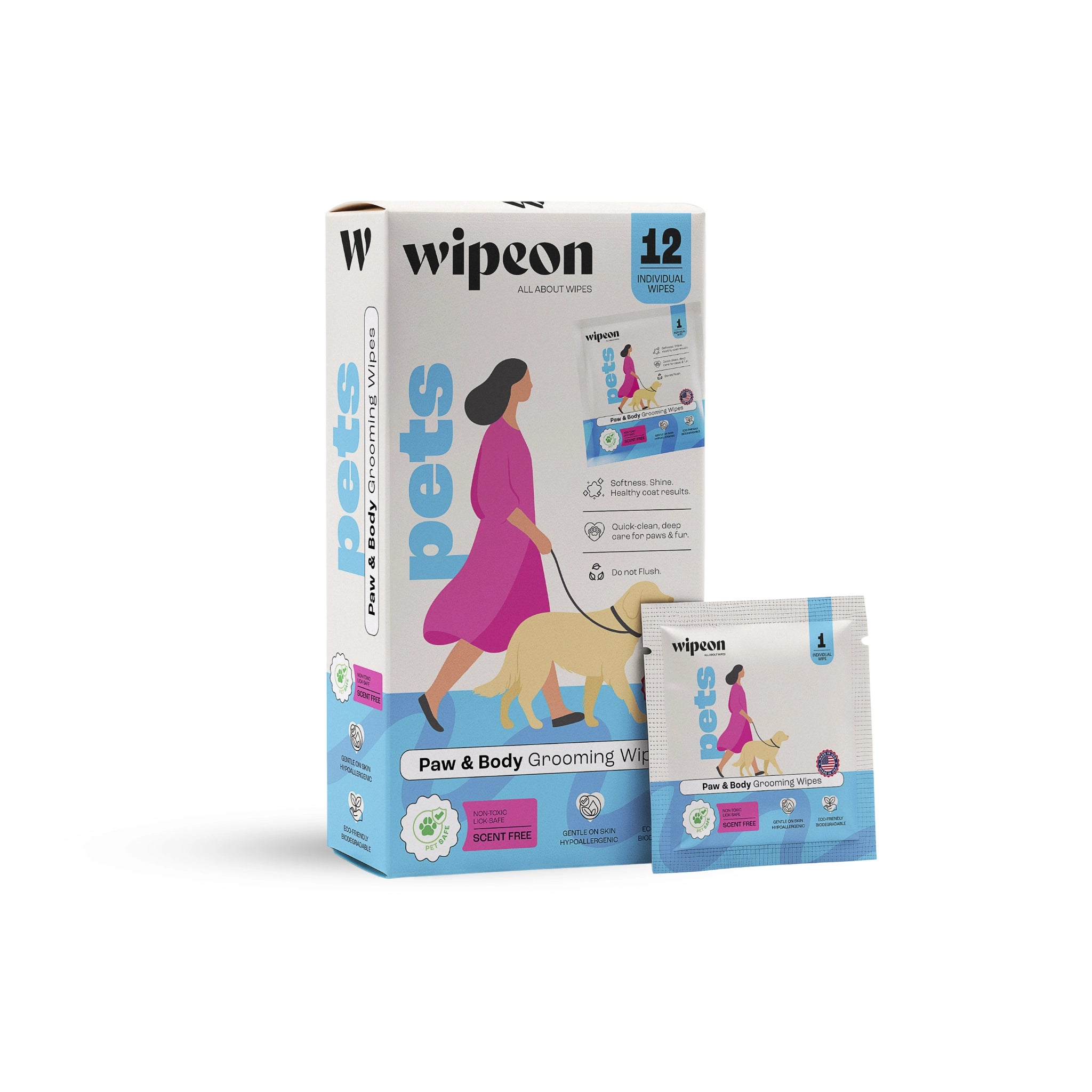 Wipeon Dog Paw & Body Wipes – Pet Grooming Wipes, 12 Individually Wrapped