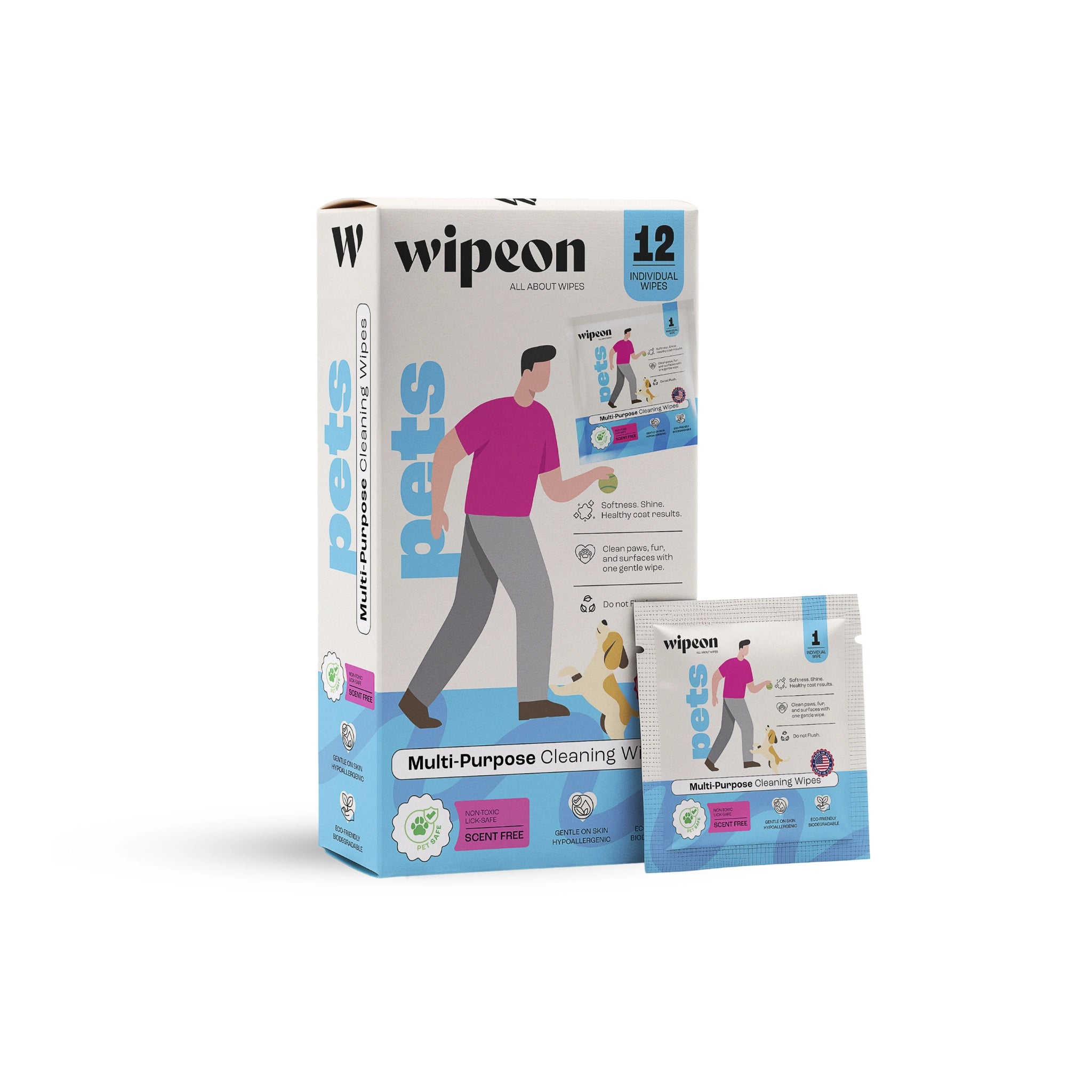 Wipeon Multi-Purpose Pet Wipes – All-in-One Cleaning, 12 Individually Wrapped