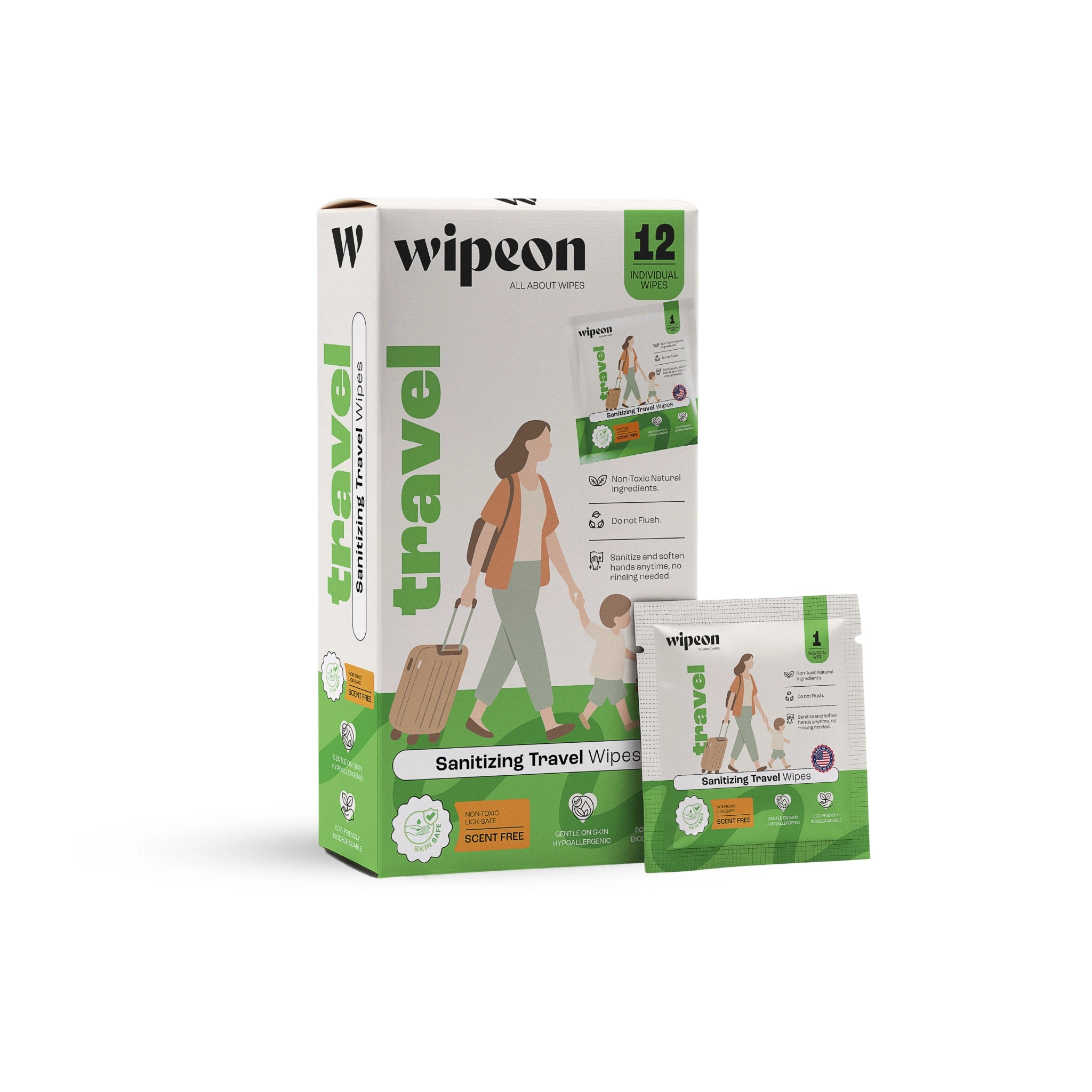 Wipeon Travel Sanitizing Wipes – On-the-Go Hand Wipes, 12 Individually Wrapped