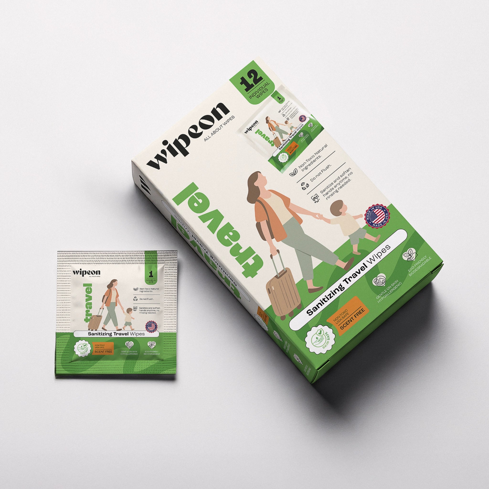 Wipeon Travel Sanitizing Wipes – On-the-Go Hand Wipes, 12 Individually Wrapped